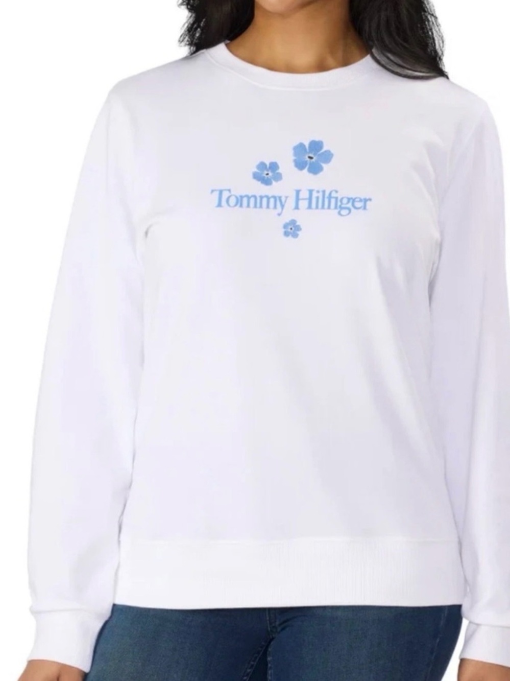 New Tommy Hilfiger White Crewneck Sweatshirt with Light Blue Floral Logo